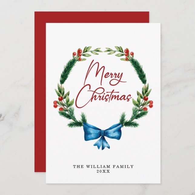 Vattenfärg God Jul Grönskande Krans Julkort (Fram/baksida)