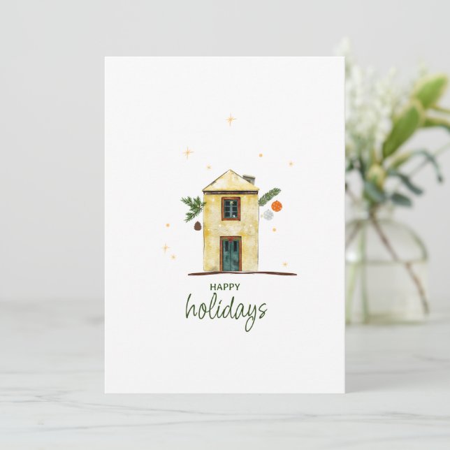 Vattenfärg God Jul Hus Icke-foto Julkort (Stående Fram)