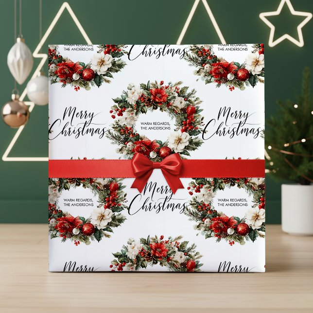 Vattenfärg God Jul Krans Familjenamn Present Presentpapper (Watercolor Merry Christmas Wreath Family Name Gift Wrapping Paper)