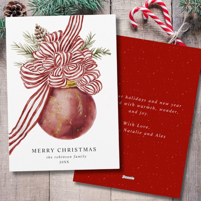 Vattenfärg God jul Red Bow Ornament Julkort (Skapare uppladdad)