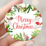 Vattenfärg God jul Runt Klistermärke<br><div class="desc">Fin vattenfärgsdekal "God jul". Denna konstruktion har vattenfärgfåglar,  poinsettias,  gräs nål,  bär och gräs-kottar. Perfekt för dina propp i helgdag.</div>
