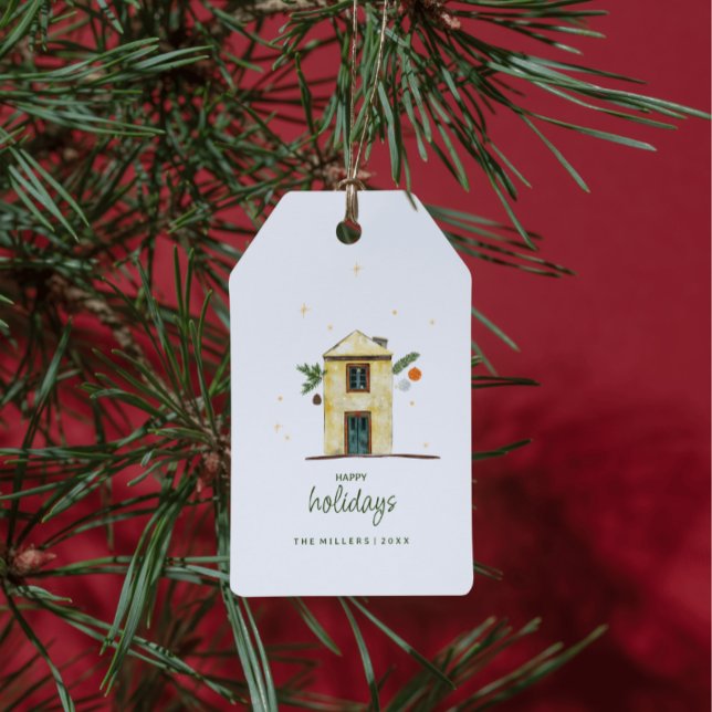 Vattenfärg God Jul Stuga  Presentetikett (Personalized Watercolor Happy Holidays House Gift Tags. Custom Christmas gift tags.)