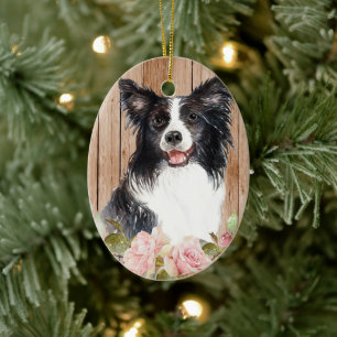 Vattenfärg Gräns Collie & Flowers Julgransprydnad Keramik
