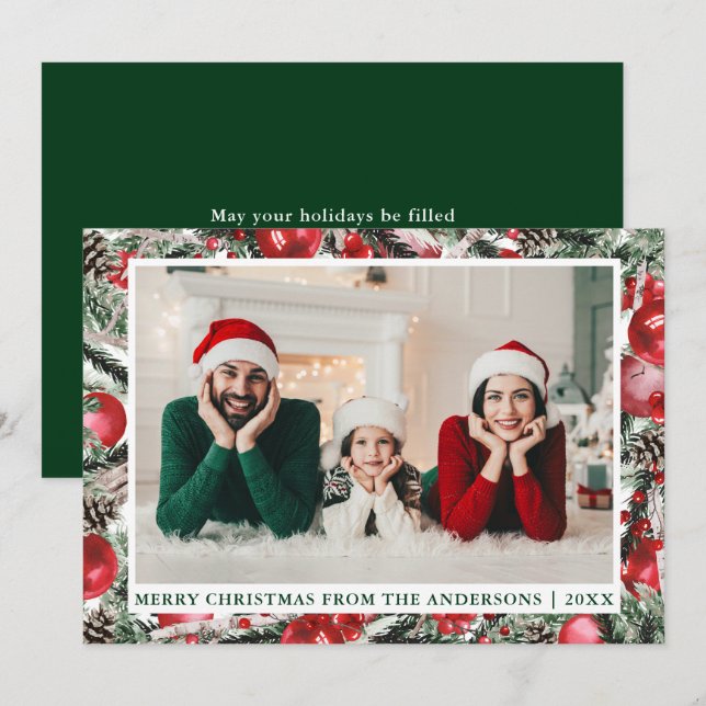 Vattenfärg Gräs Ornaments Grönt Foto jul Julkort (Fram/baksida)