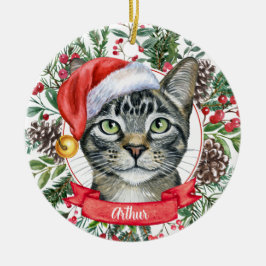 Vattenfärg Grått Tabby katt Anpassningsbar  Santa  Julgransprydnad Keramik