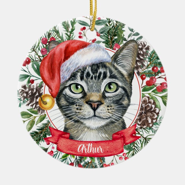 Vattenfärg Grått Tabby katt Anpassningsbar  Santa  Julgransprydnad Keramik (Framsidan)