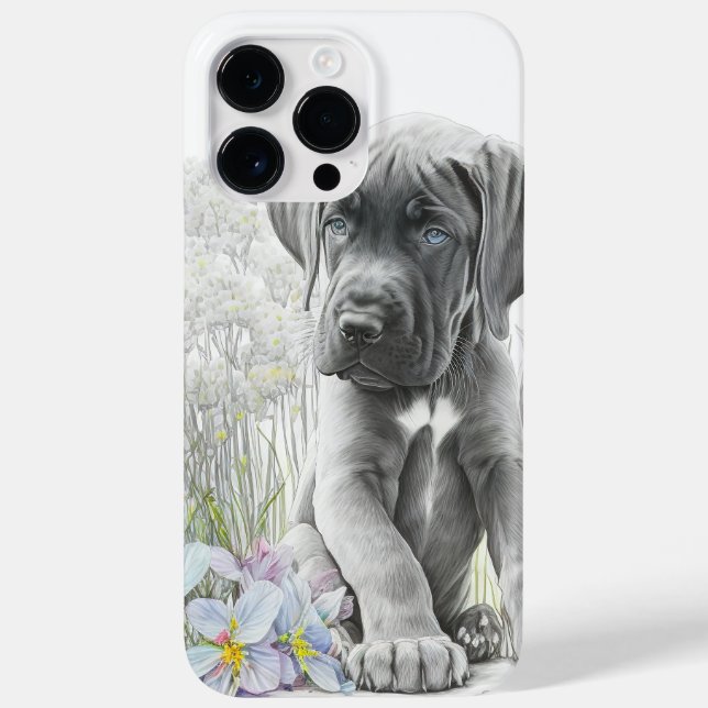 VATTENFÄRG GRÅTT VITE GREAT DANE PUPPY HUND (Baksida)