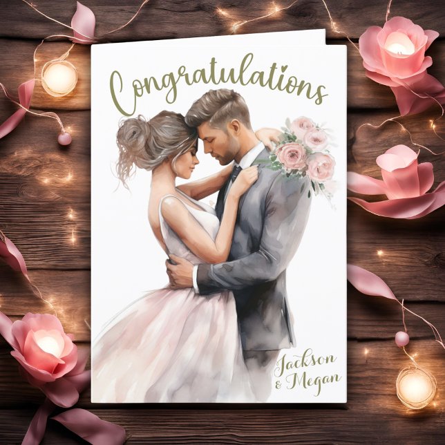 Vattenfärg Gratulerar för grundfärg och grundfärg  Kort (Watercolor Congrats To Bride & Groom With Names Card)