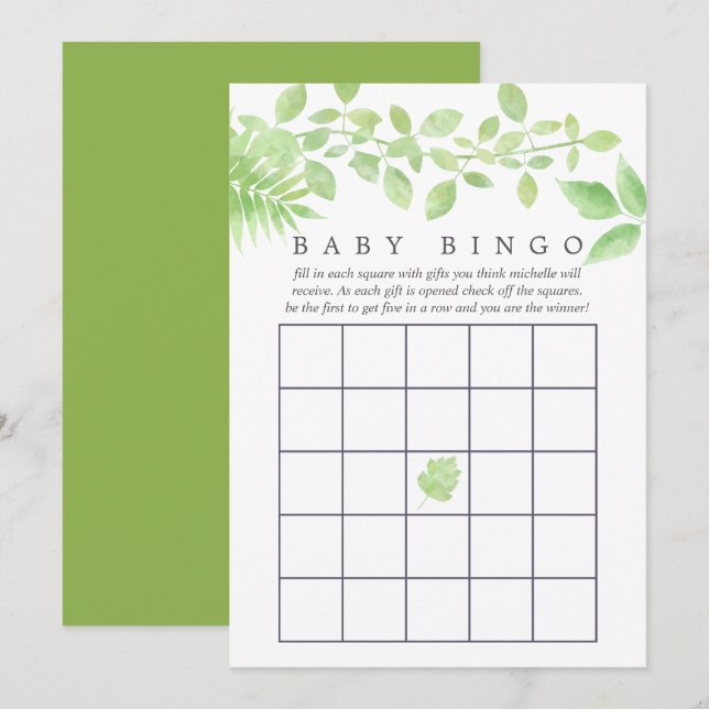 Vattenfärg Greenery Baby Shower Bingo Inbjudningar (Fram/baksida)