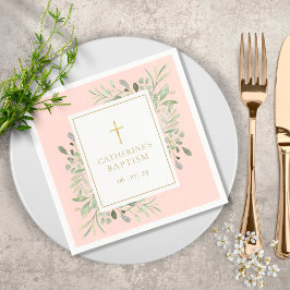 Vattenfärg Greenery Baptism Christening Rosa Pappersservett