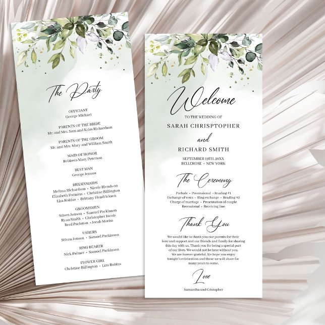 Vattenfärg Greenery foliage boho bröllop Program (Watercolor Greenery foliage boho wedding Program)