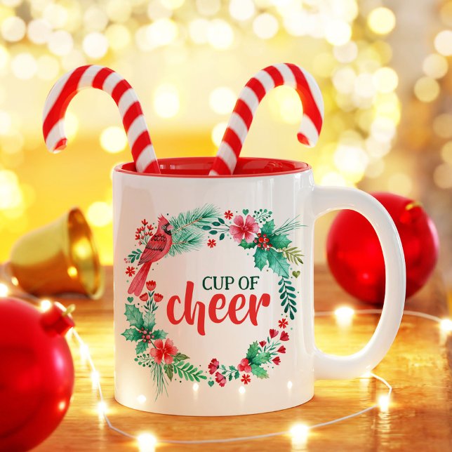 Vattenfärg Greenery jul Kopp av Cheer (Watercolor Christmas Wreath with Cardinal Bird Two-Tone Coffee Mug)