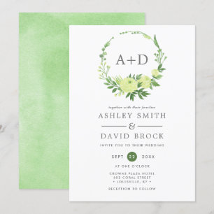 Vattenfärg Greenery Monogram Watercolor Bröllop Inbjudningar