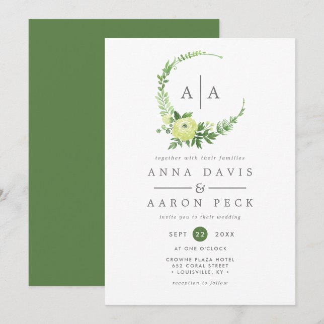 Vattenfärg Greenery Monogram Watercolor Bröllop Inbjudningar (Fram/baksida)