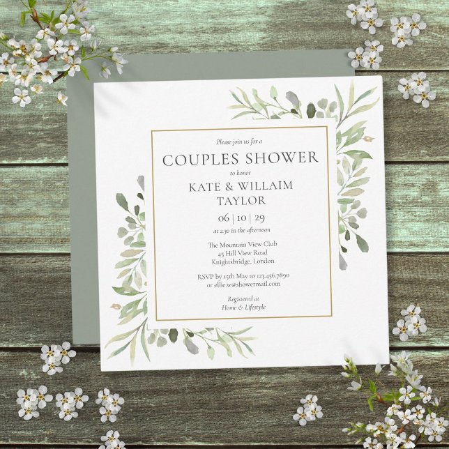 Vattenfärg Greenery Par Baby Shower Sprinkle Inbjudningar (Watercolor Greenery Couples Baby Shower Sprinkle Invitation)