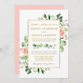 Vattenfärg Greenery Ro Rosa Bröllop Guld Inbjudningar