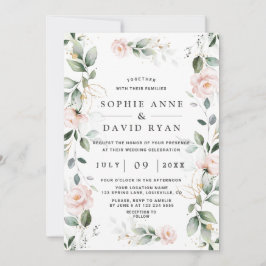 Vattenfärg Greenery Rosa Blommigt Guld Bröllop Inbjudningar