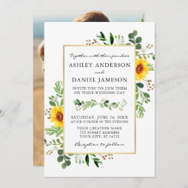 Vattenfärg Greenery Sunblommor Photo Back Bröllop Inbjudningar