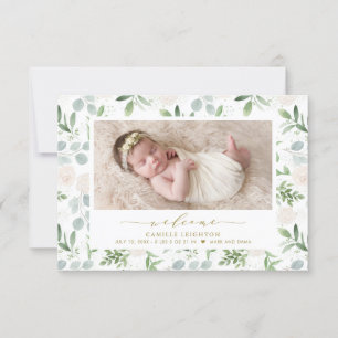 Vattenfärg Greenery & White Flowers Mönster Birth Meddelande