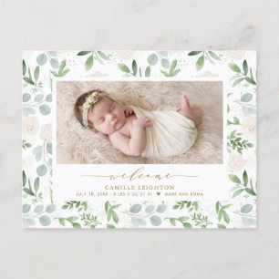 Vattenfärg Greenery & White Flowers Mönster Birth Meddelande Vykort