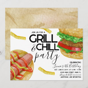 Vattenfärg Grillning Burger Pommes Friterad Hot Do Inbjudningar