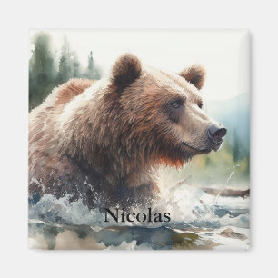 Vattenfärg Grizzly Bear Wildlife Nature Art Magnet