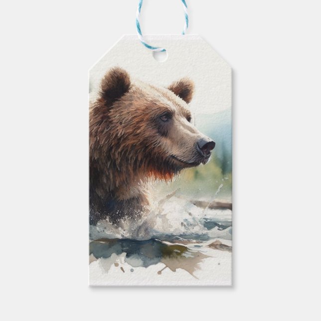 Vattenfärg Grizzly Bear Wildlife Nature Art Presentetikett (Framsidan)