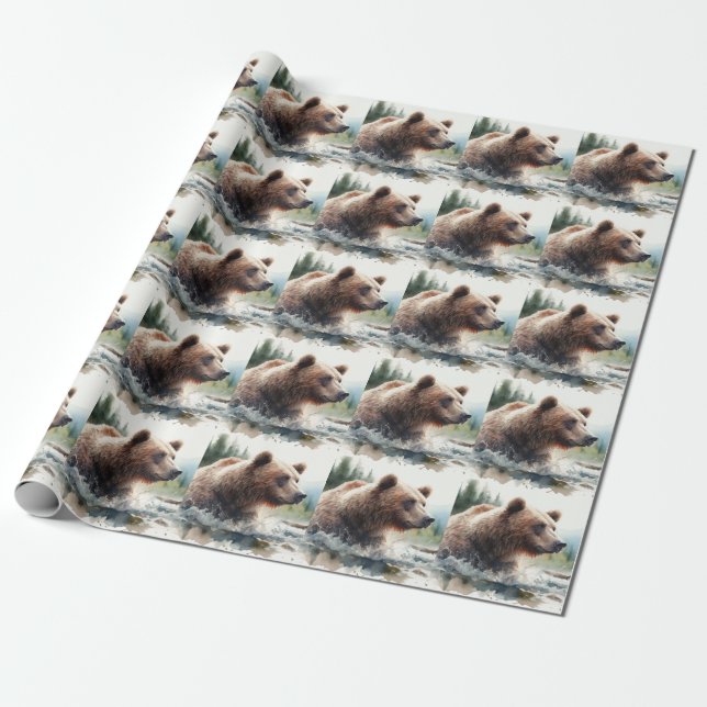 Vattenfärg Grizzly Bear Wildlife Nature Art Presentpapper (Utrullad)