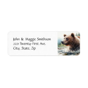 Vattenfärg Grizzly Bear Wildlife Nature Art Returadress Etikett