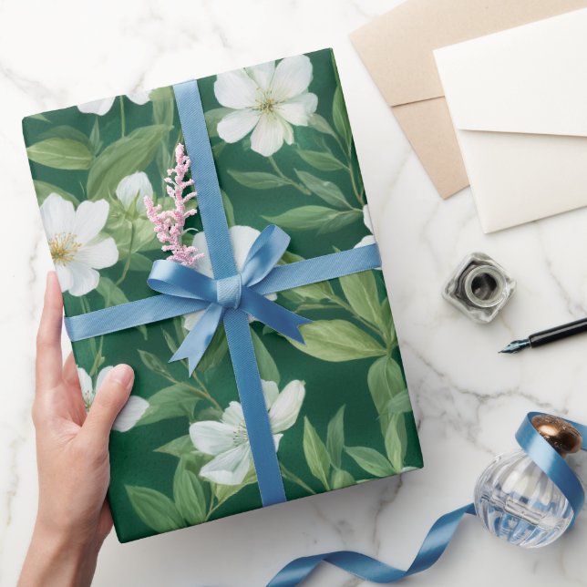 Vattenfärg Grön Blad Vit Blommig Mönster Presentpapper (Gifting)