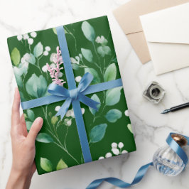Vattenfärg Grön Blad Vit Blommig Mönster Presentpapper