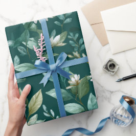 Vattenfärg Grön Blad Vit Blommig Mönster Presentpapper