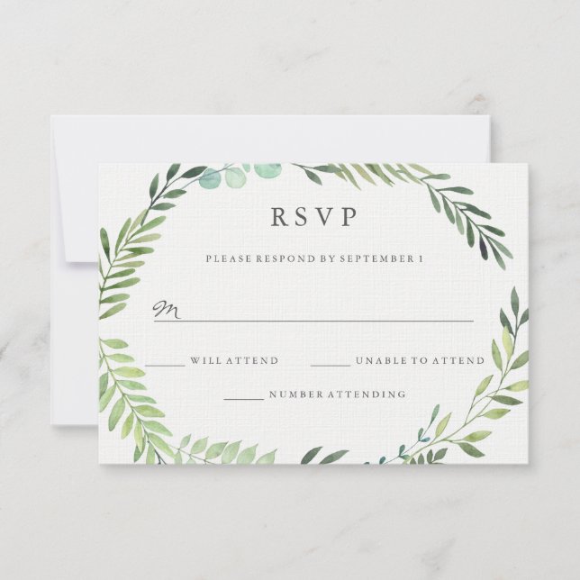 Vattenfärg Grön Bladkrans Bröllop RSVP OSA Kort (Framsida)