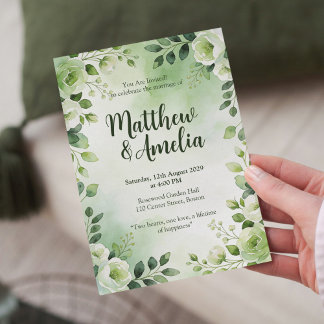 Vattenfärg Grön Blommig Bröllopsinbjudan Inbjudningar