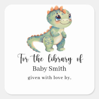 Vattenfärg grön dinosaurie Baby Shower Bibliotek Fyrkantigt Klistermärke