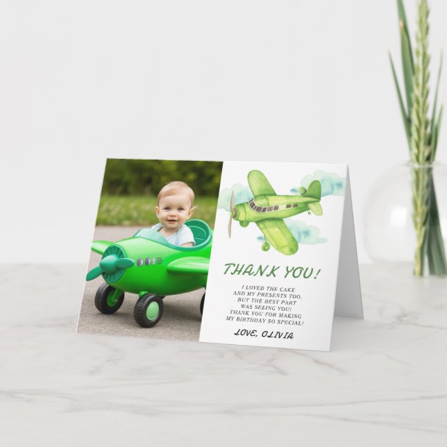 Vattenfärg Grön Flygplans Födelsedag tack (Framsida)
