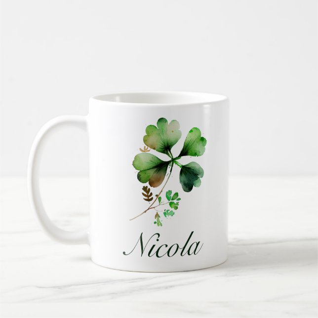Vattenfärg Grön Fyrklöver St Patrick's Day Kaffemugg (Vänster)