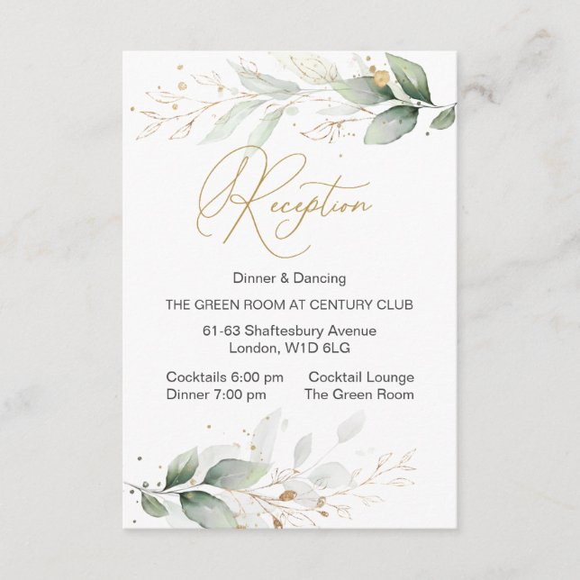 Vattenfärg grön & guld bladverk Mottagning Tilläggskort (Framsida)