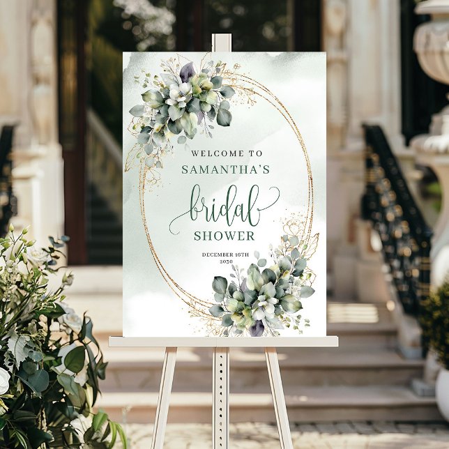 Vattenfärg Grön Guld Bröllopsdusch Välkomstskylt Poster (Watercolor Green Gold Bridal Shower Welcome Sign)