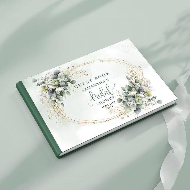 Vattenfärg Grön Guld Bröllopsfest Gästbok (Watercolor Green Gold Bridal Shower Guest Book)