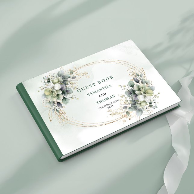 Vattenfärg Grön Guld Salvia Grön Bröllopsgästbok Gästböcker (Watercolor Green Gold Sage Green Wedding Guest Book)