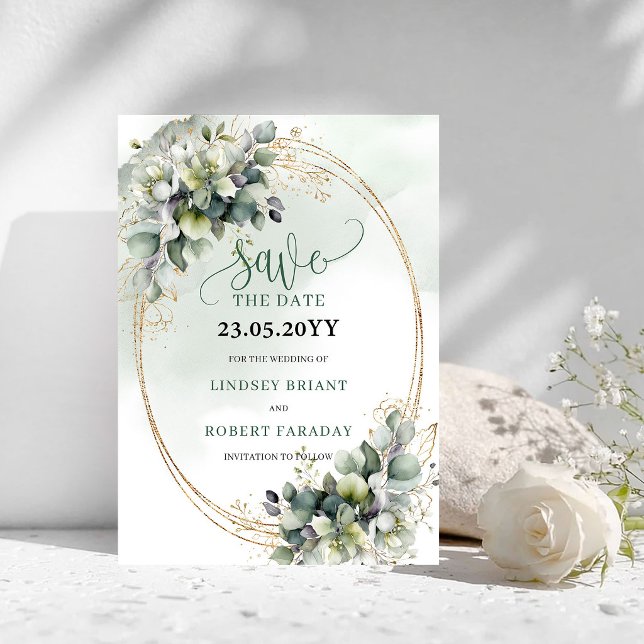 Vattenfärg Grön Guld Salvia Grön Spara Datum Datumet (Watercolor Green Gold Sage Green Save The Date)