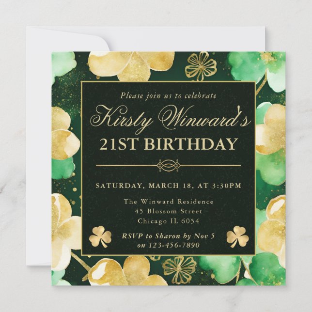 Vattenfärg Grön & Guld Shamrock 21-årsdag Inbjudningar (Framsida)