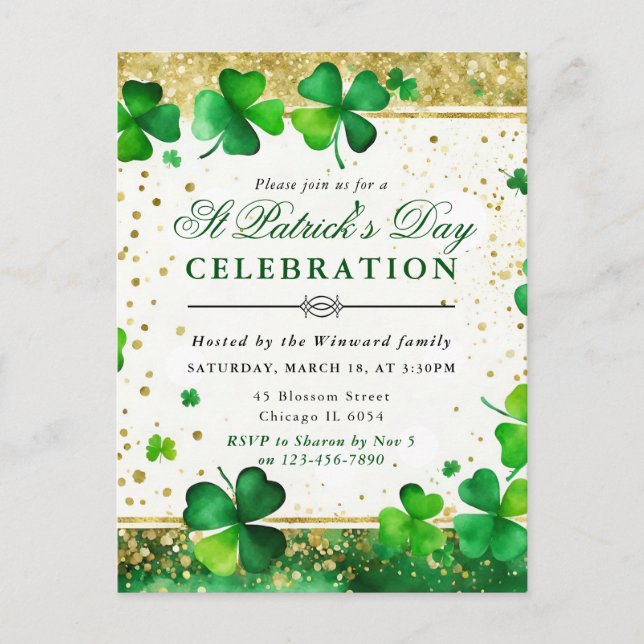 Vattenfärg Grön & Guld Shamrock St Patrick's Day Vykort (Framsida)