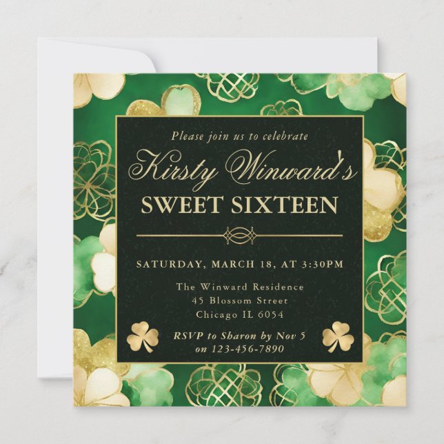 Vattenfärg Grön & Guld Shamrock Sweet 16 Inbjudningar (Framsida)