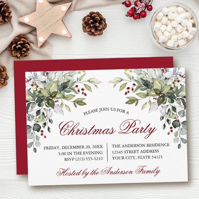 Vattenfärg Grön julfest Röd Inbjudningar (Customize to change text size, color, style or to change color of back of card.)