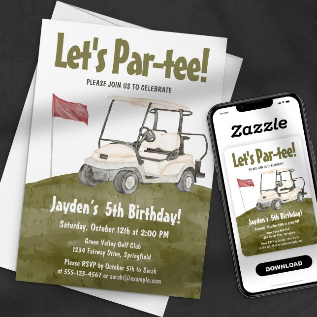 Vattenfärg Grön Let's Par-tee Golf Cart Födelsedag Inbjudningar (Skapare uppladdad)