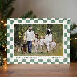 Vattenfärg Grön och Crème Gingham Jul Foto Julkort