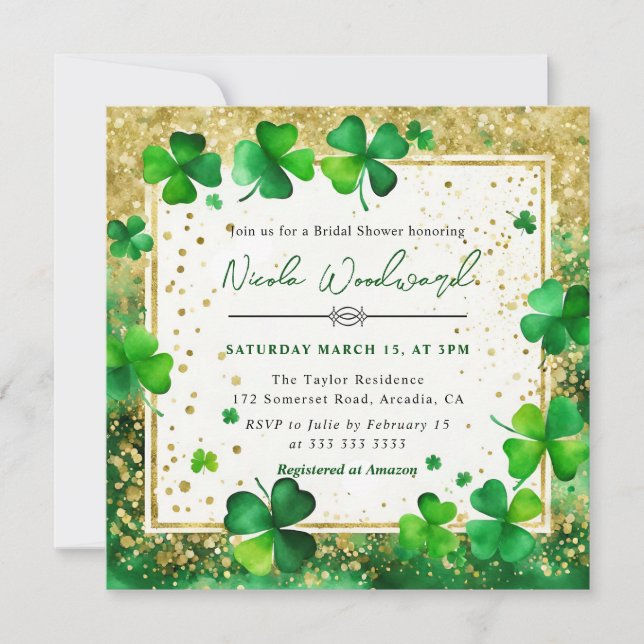 Vattenfärg Grön och Guld Shamrock Bröllopsdusch Inbjudningar (Framsida)