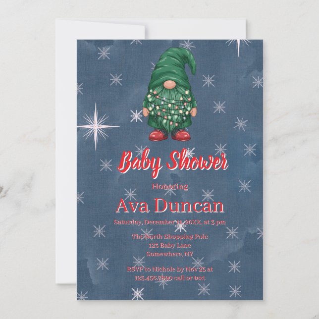 Vattenfärg Grön Tomte Jul Bebis Shower Inbjudningar (Framsida)